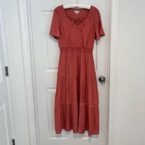 Luxology Terracotta Maxi Dress with Smocked Waist and Flutter Sleeves

Size S